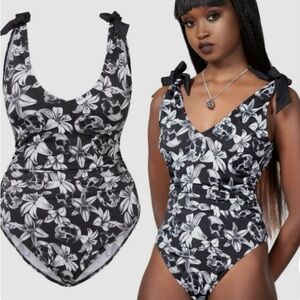 Killstar Nerissa Black & White Floral Skull Tie-Shoulder One-Piece Swimsuit